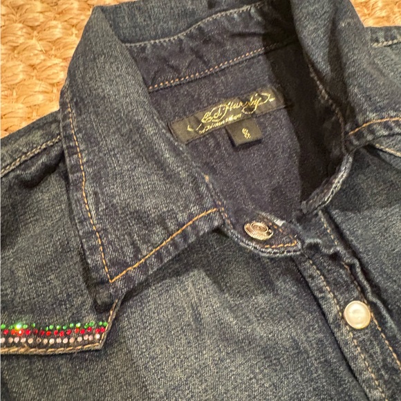 VTG Ed Hardy INSANE y2k butterfly embroidered pearl snap denim shirt size m - Picture 11 of 15